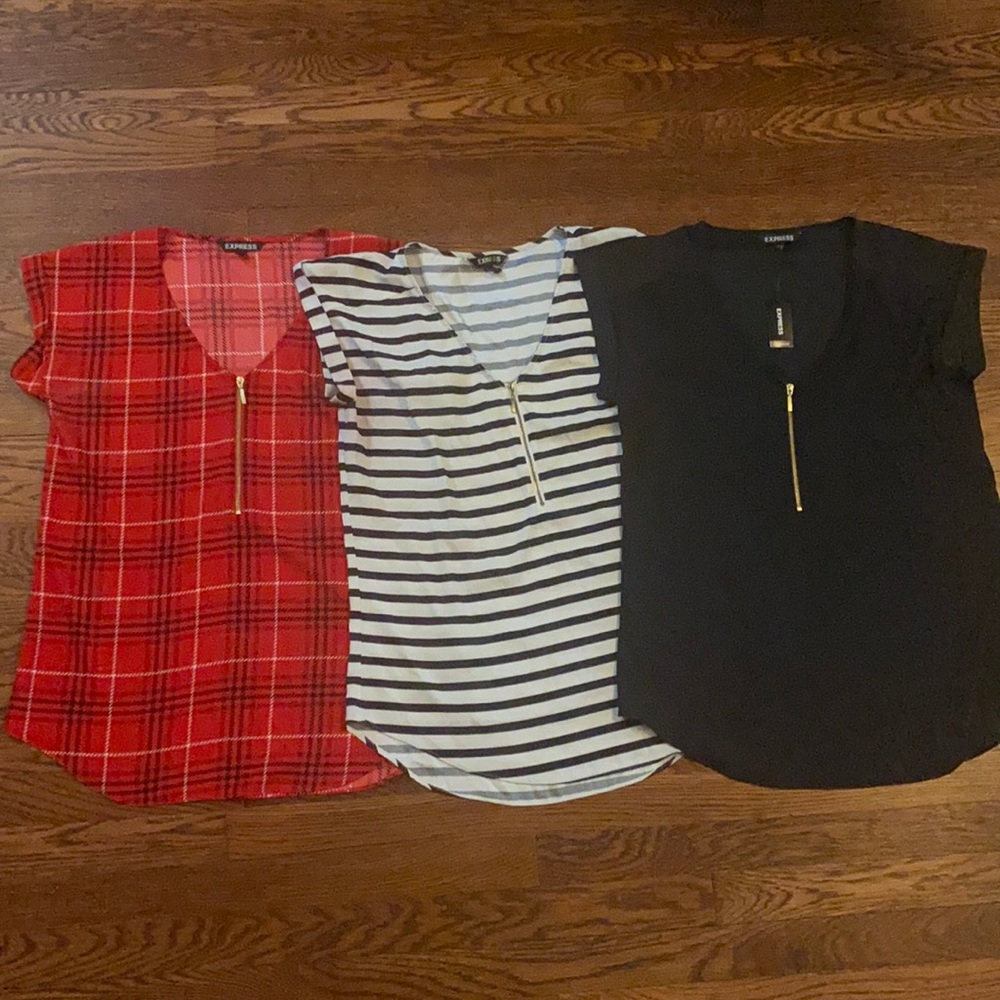 Express silky zipper short sleeve tops M
